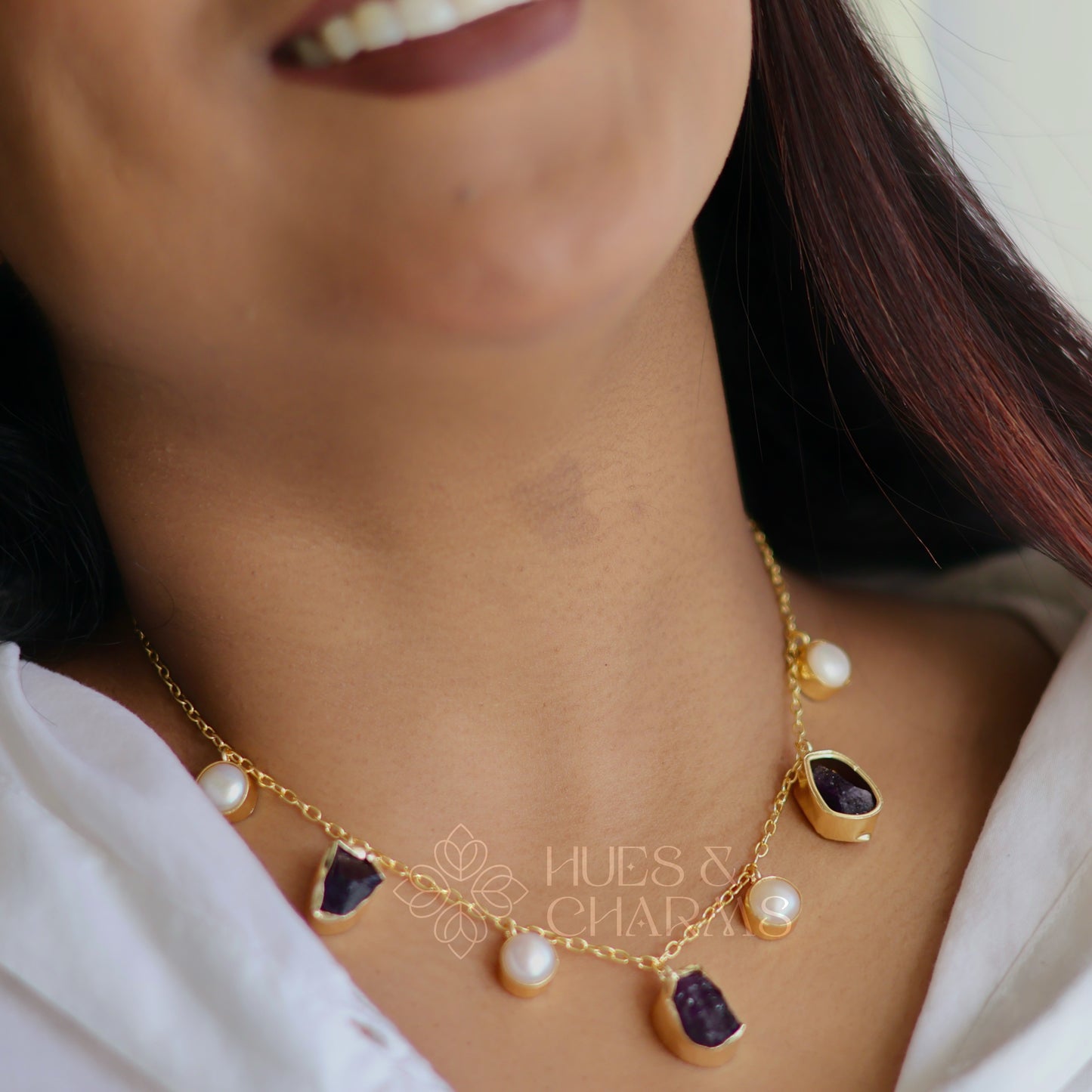 RAW STONE WITH PEARL DROPS NECKPIECE- AMETHYST