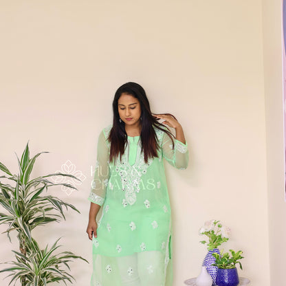 Chikankari Georgette Kurti With Mirrors - Mint Green