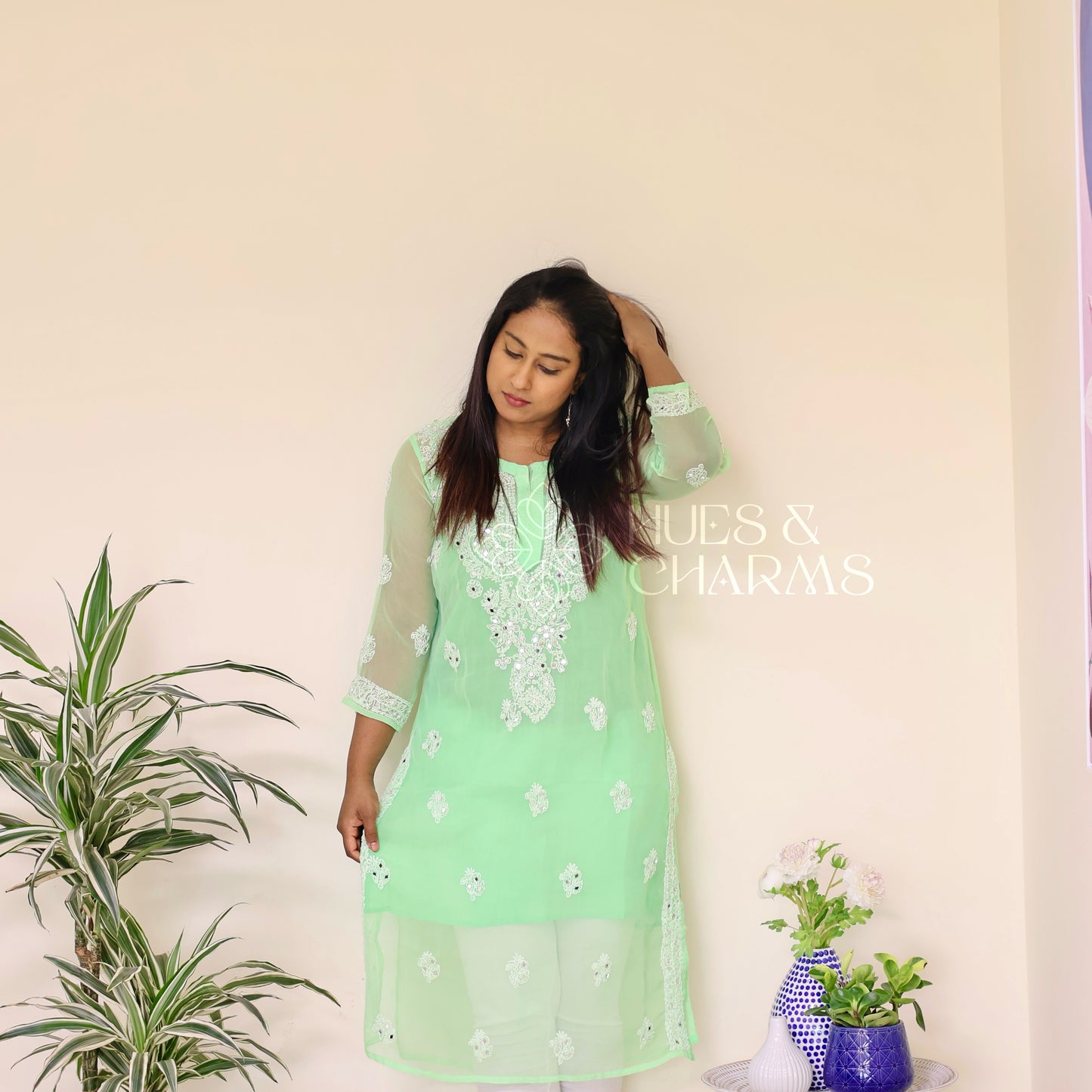 Chikankari Georgette Kurti With Mirrors - Mint Green