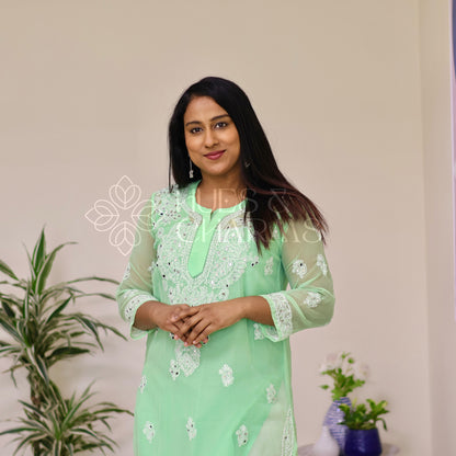 Chikankari Georgette Kurti With Mirrors - Mint Green