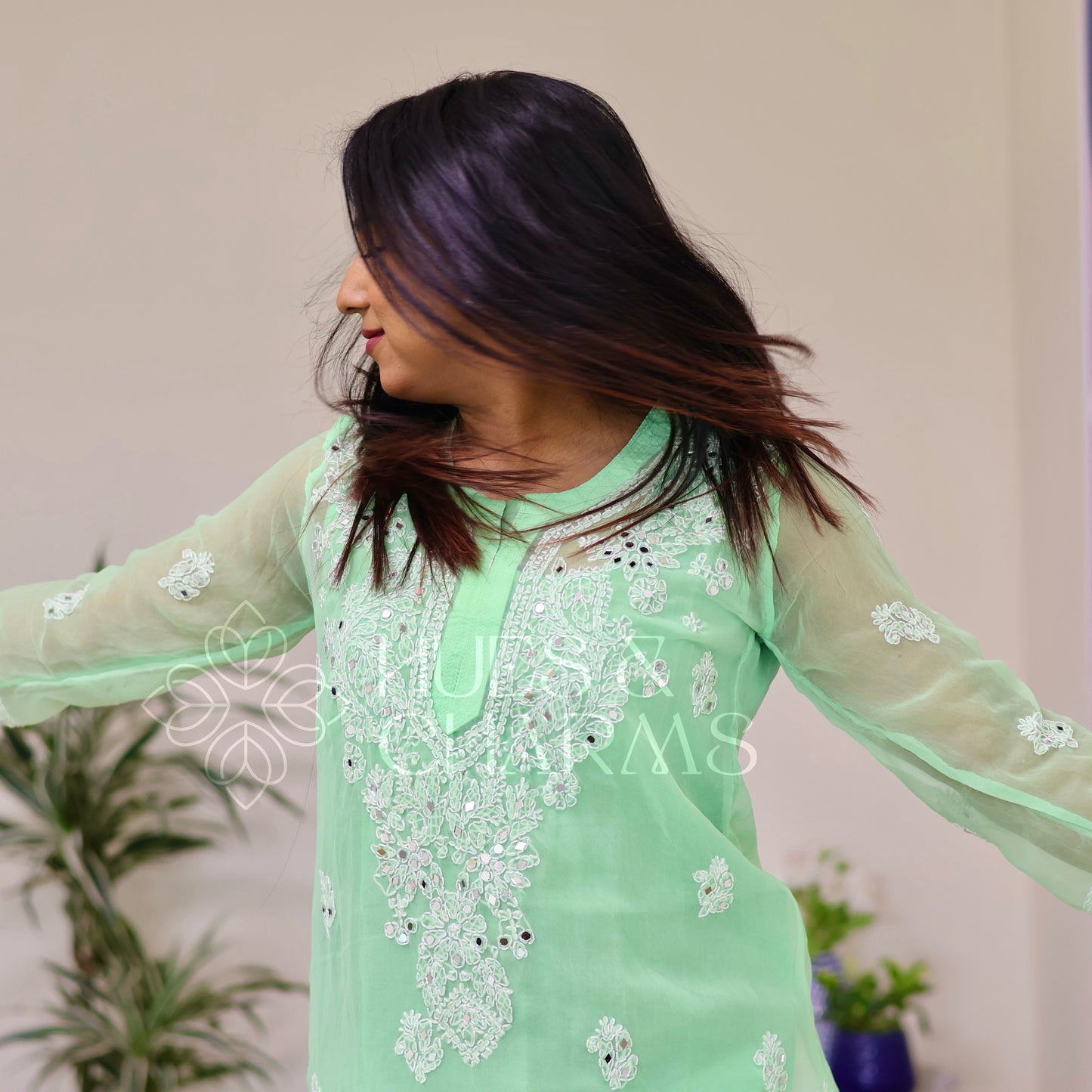 Chikankari Georgette Kurti With Mirrors - Mint Green