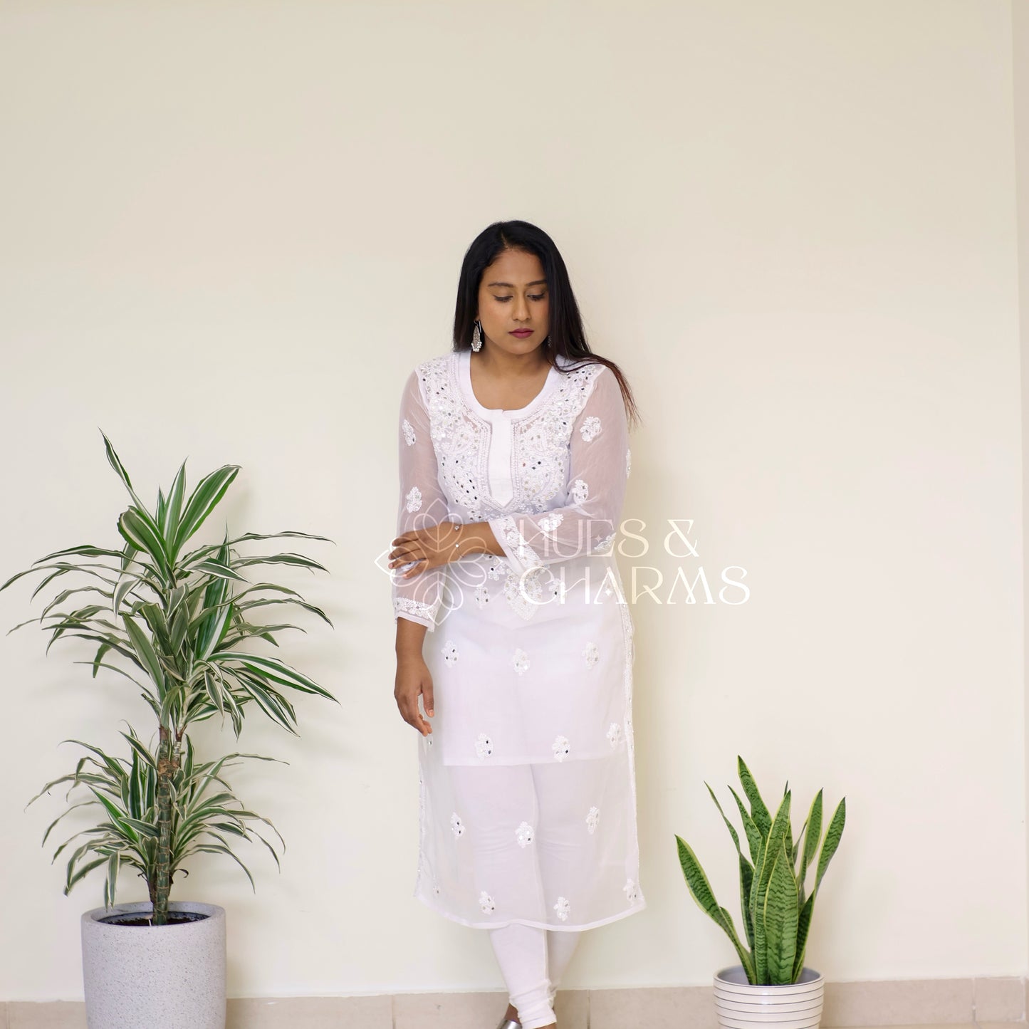 Chikankari Georgette Kurti With Mirrors- White