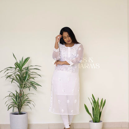 Chikankari Georgette Kurti With Mirrors- White