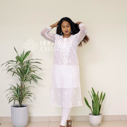 Chikankari Georgette Kurti With Mirrors- White