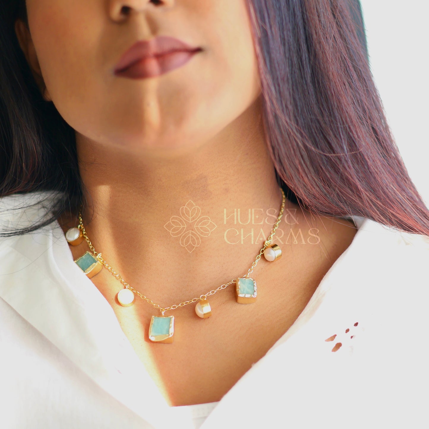 RAW STONE WITH PEARL DROPS NECKPIECE- AMAZONITE