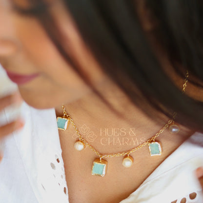 RAW STONE WITH PEARL DROPS NECKPIECE- AMAZONITE