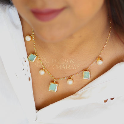RAW STONE WITH PEARL DROPS NECKPIECE- AMAZONITE