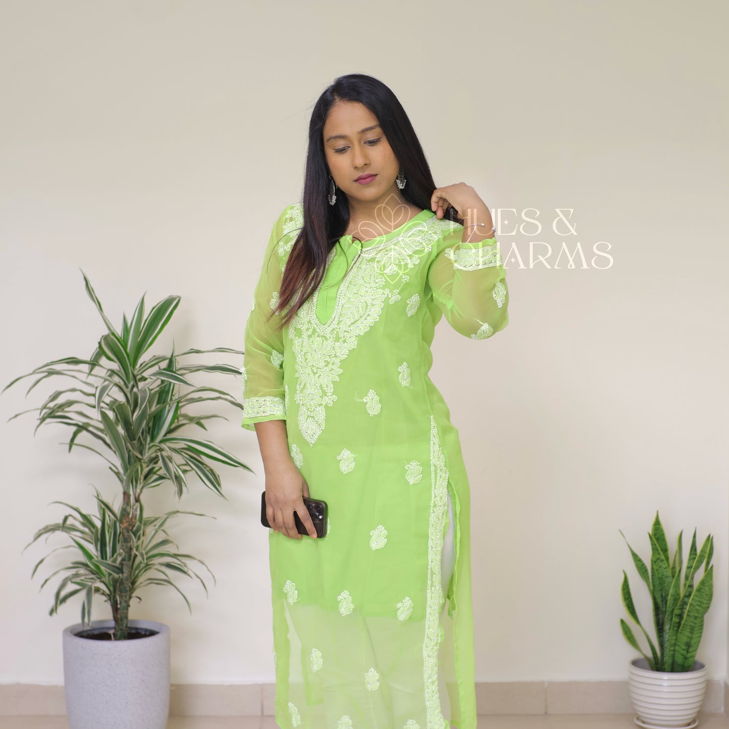 Chikankari Georgette Kurti - Parrot Green