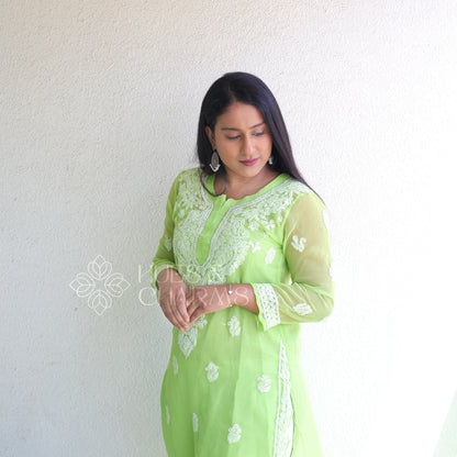 Chikankari Georgette Kurti - Parrot Green