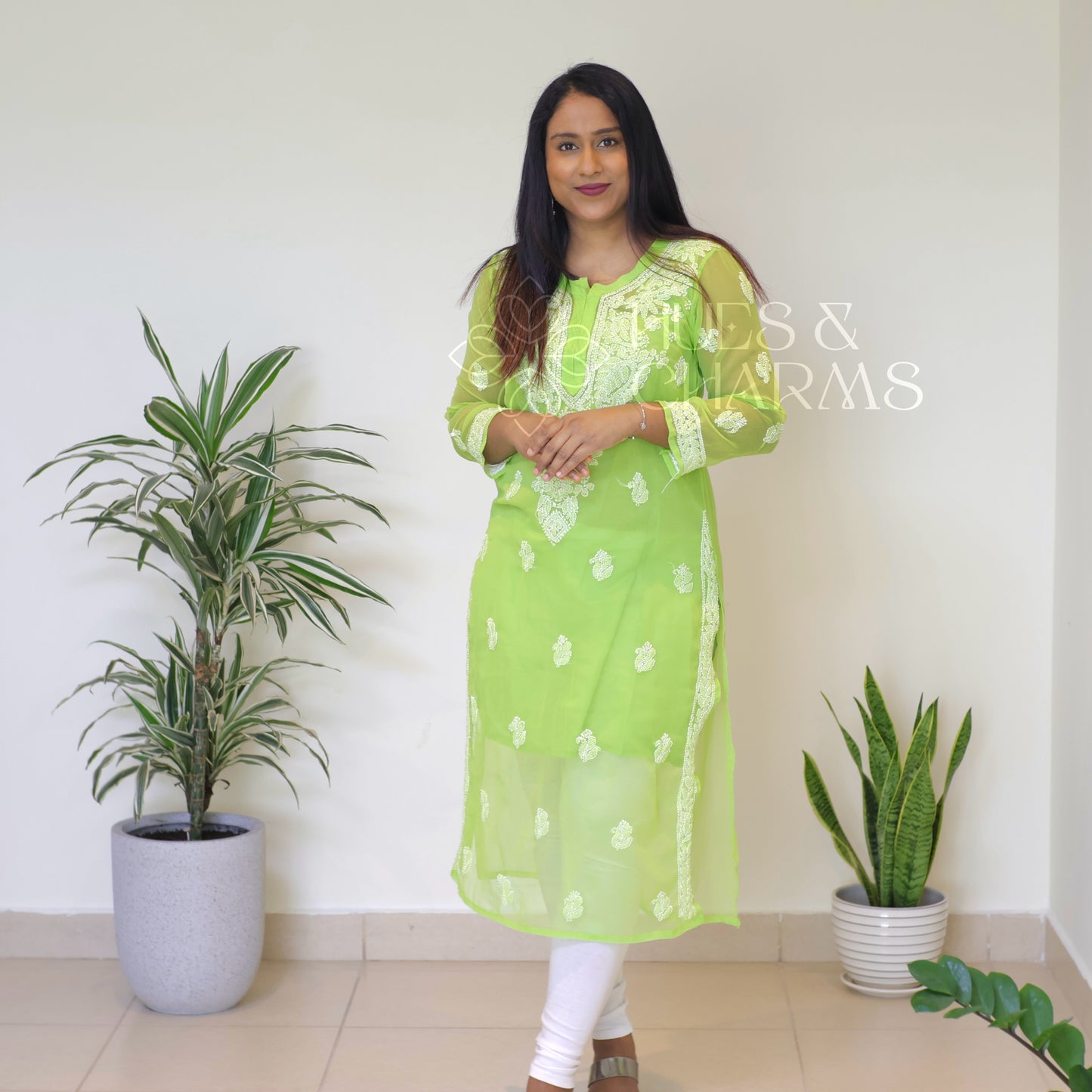 Chikankari Georgette Kurti - Parrot Green