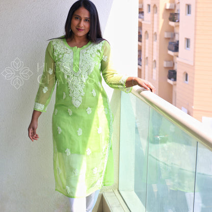 Chikankari Georgette Kurti - Parrot Green