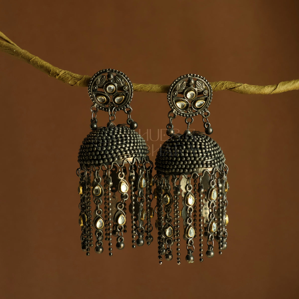 MEHR DUAL-TONE TASSEL STATEMENT JHUMKAS | OXIDISED BLACK METAL