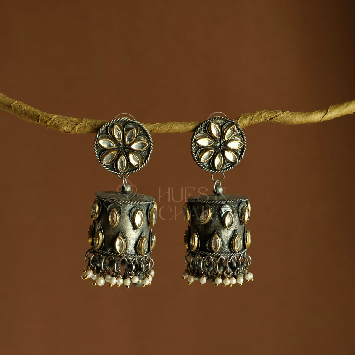 NUWA DUAL-TONE STATEMENT JHUMKAS OXIDISED BLACK METAL