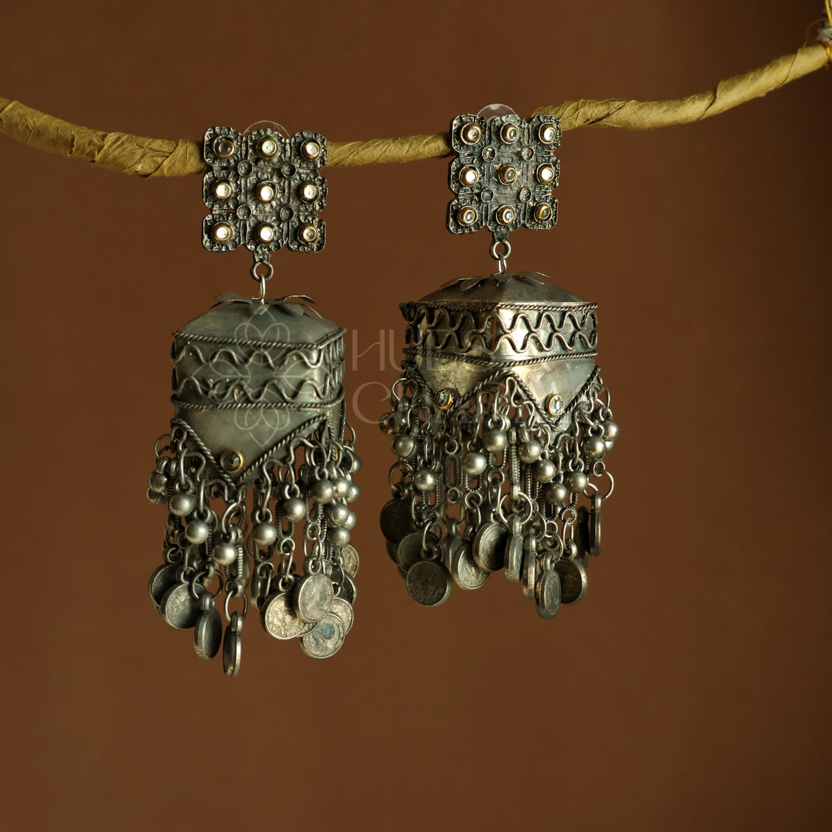 AAYA DUAL-TONE STATEMENT COIN JHUMKAS | OXIDISED BLACK METAL
