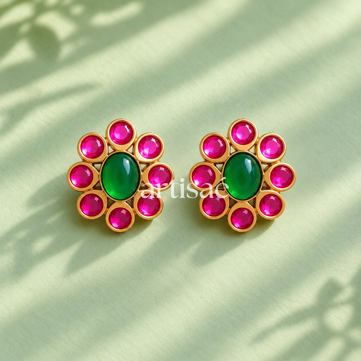 MIRAAYA KUNDAN NECKLACE SET- GREEN & PINK