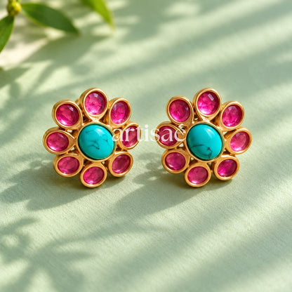 MIRAAYA KUNDAN NECKLACE SET- TURQUOISE & PINK