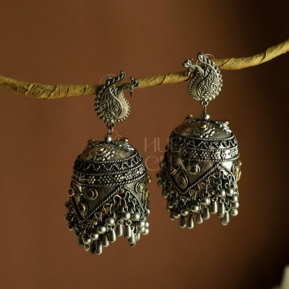 MAYURI DUAL-TONE STATEMENT JHUMKAS|OXIDISED BLACK METAL