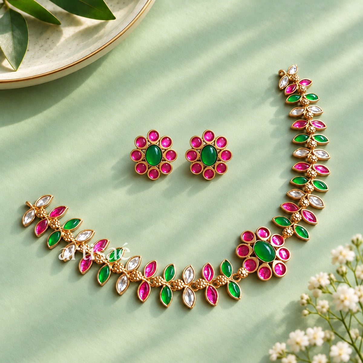 MIRAAYA KUNDAN NECKLACE SET- GREEN & PINK