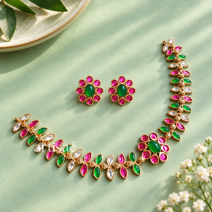 MIRAAYA KUNDAN NECKLACE SET- GREEN & PINK