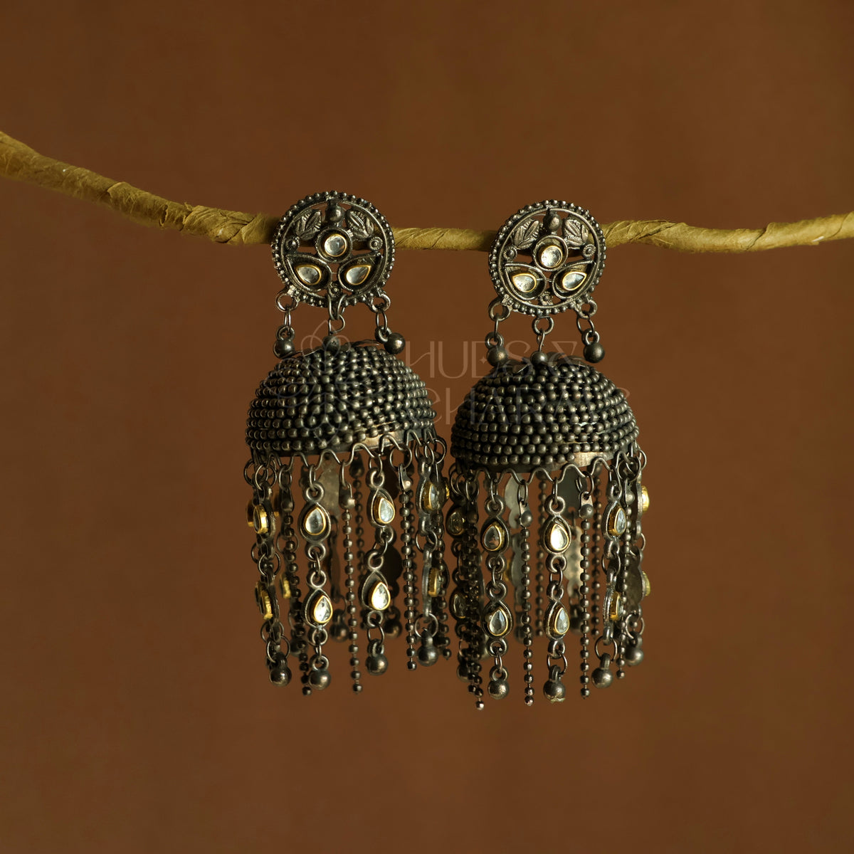 MEHR DUAL-TONE TASSEL STATEMENT JHUMKAS | OXIDISED BLACK METAL