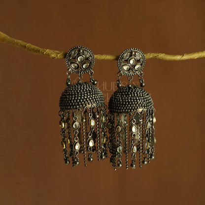 MEHR DUAL-TONE TASSEL STATEMENT JHUMKAS | OXIDISED BLACK METAL
