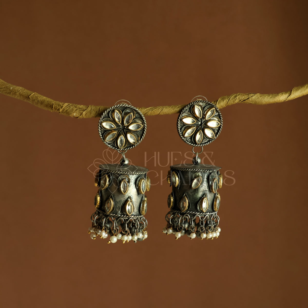 NUWA DUAL-TONE STATEMENT JHUMKAS OXIDISED BLACK METAL