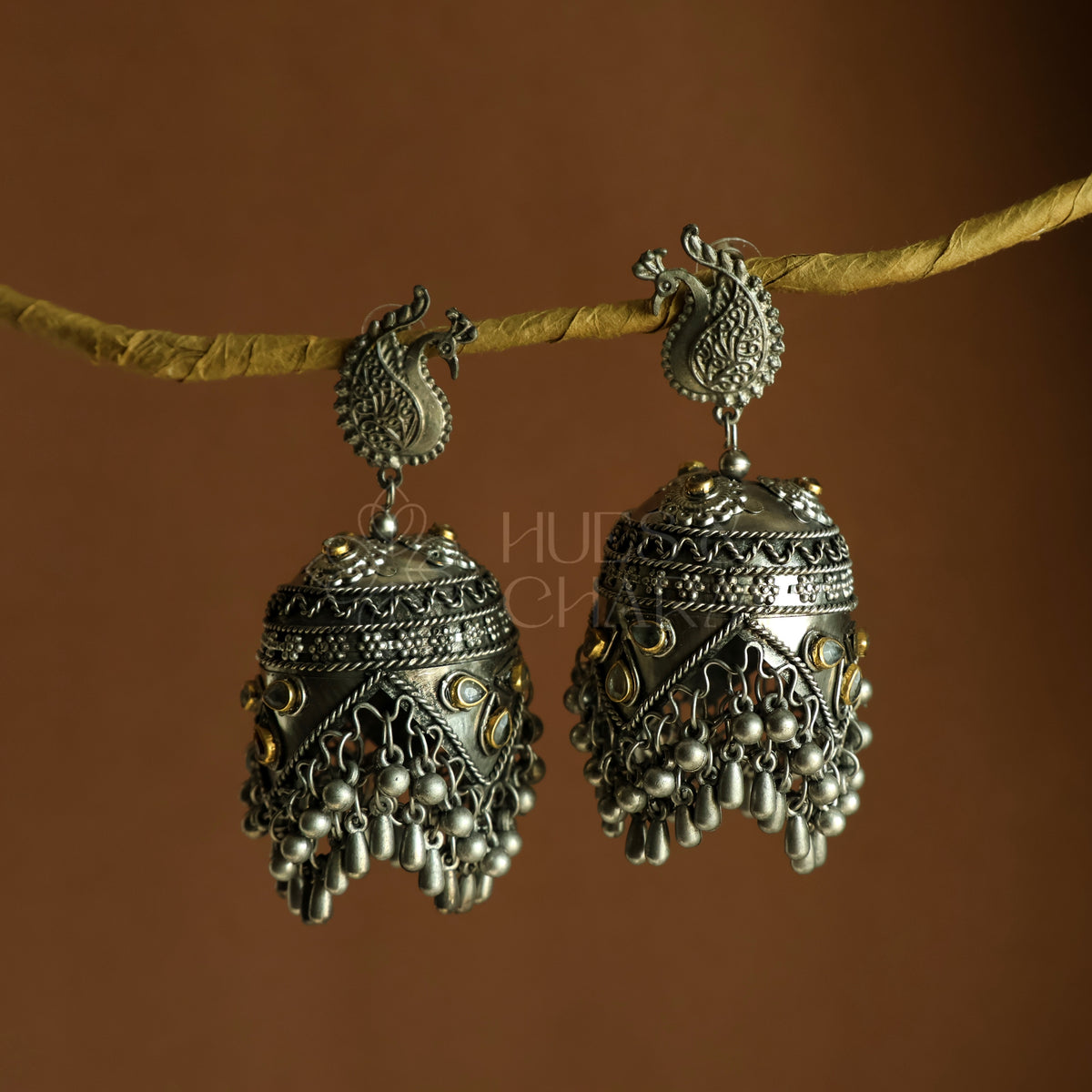 MAYURI DUAL-TONE STATEMENT JHUMKAS|OXIDISED BLACK METAL