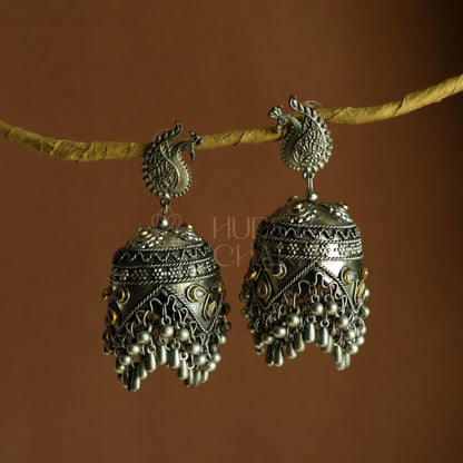 MAYURI DUAL-TONE STATEMENT JHUMKAS|OXIDISED BLACK METAL