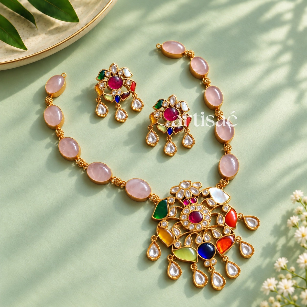 NAVRATNA NATURAL STONE & MOISSANITE NECKLACE SET -ROSE QUARTZ