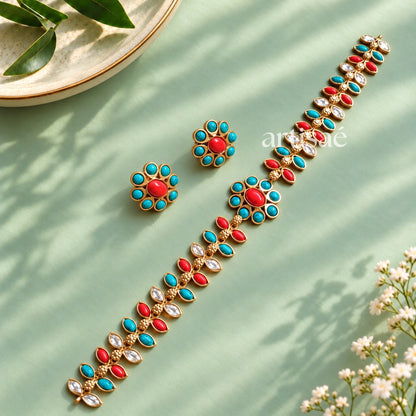 MIRAAYA KUNDAN NECKLACE SET- TURQUOISE & CORAL