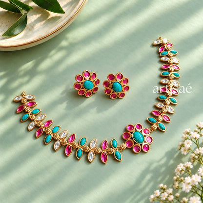 MIRAAYA KUNDAN NECKLACE SET- TURQUOISE & PINK