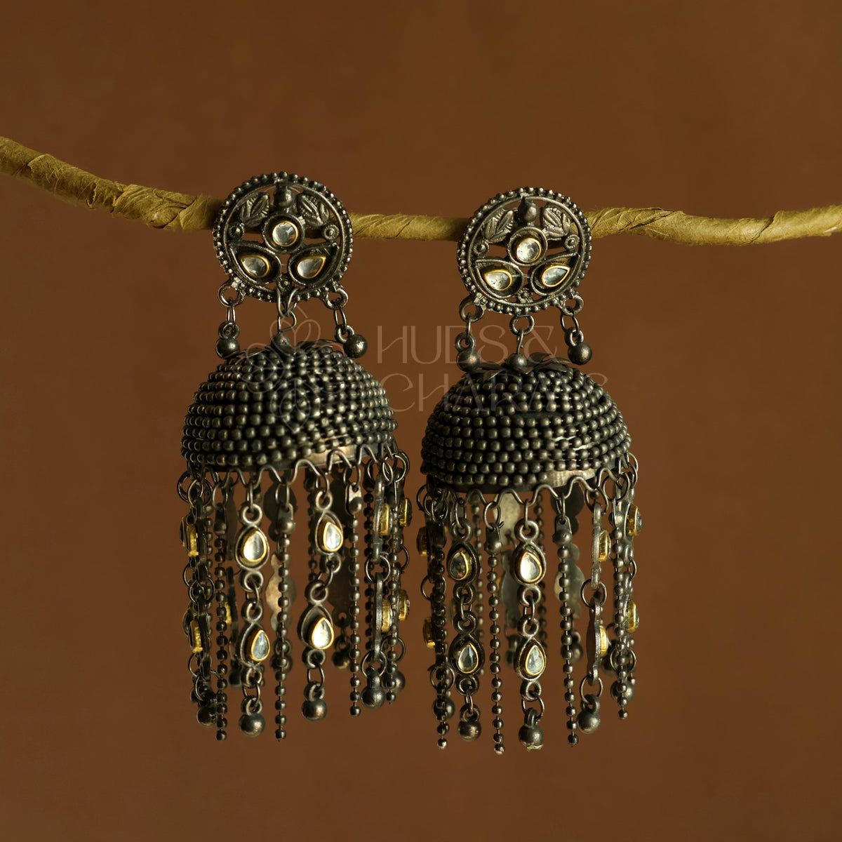 MEHR DUAL-TONE TASSEL STATEMENT JHUMKAS | OXIDISED BLACK METAL